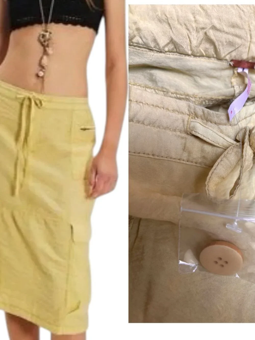 FREE PEOPLE YELLOW CARGO MIDI DRAWSTRING SKIRT SIZE 6 MEDIUM NEW‎
